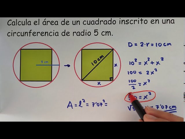 Cómo calcular el área de un cuadrado dentro de una circunferencia de 2cm