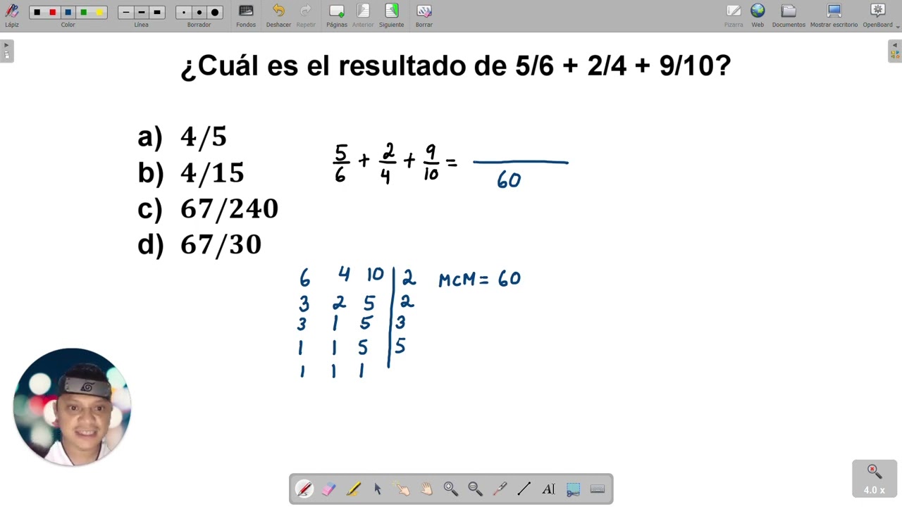Suma de fracciones: 5/6 + 2/4 + 9/10